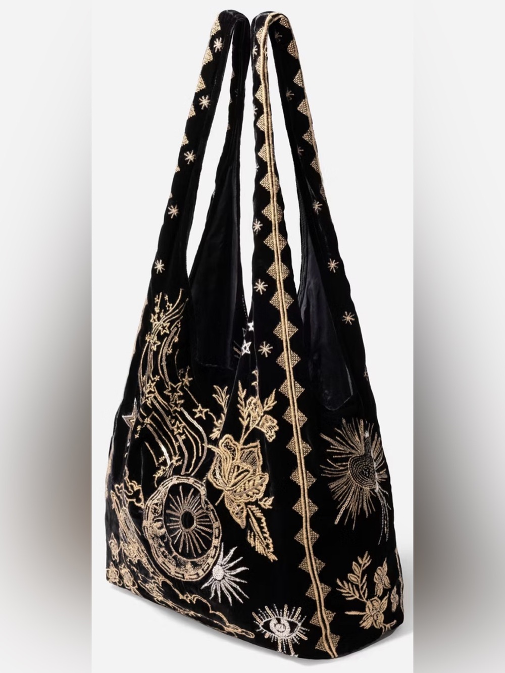 Johnny Was Black Velvet Tote with Gold Embroidery